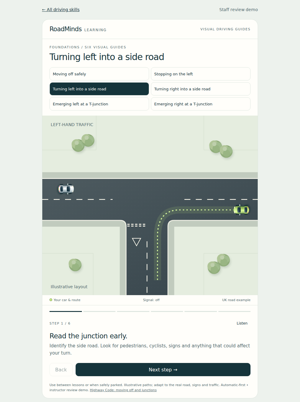Screenshot of the Road Minds step-by-step junction guide
