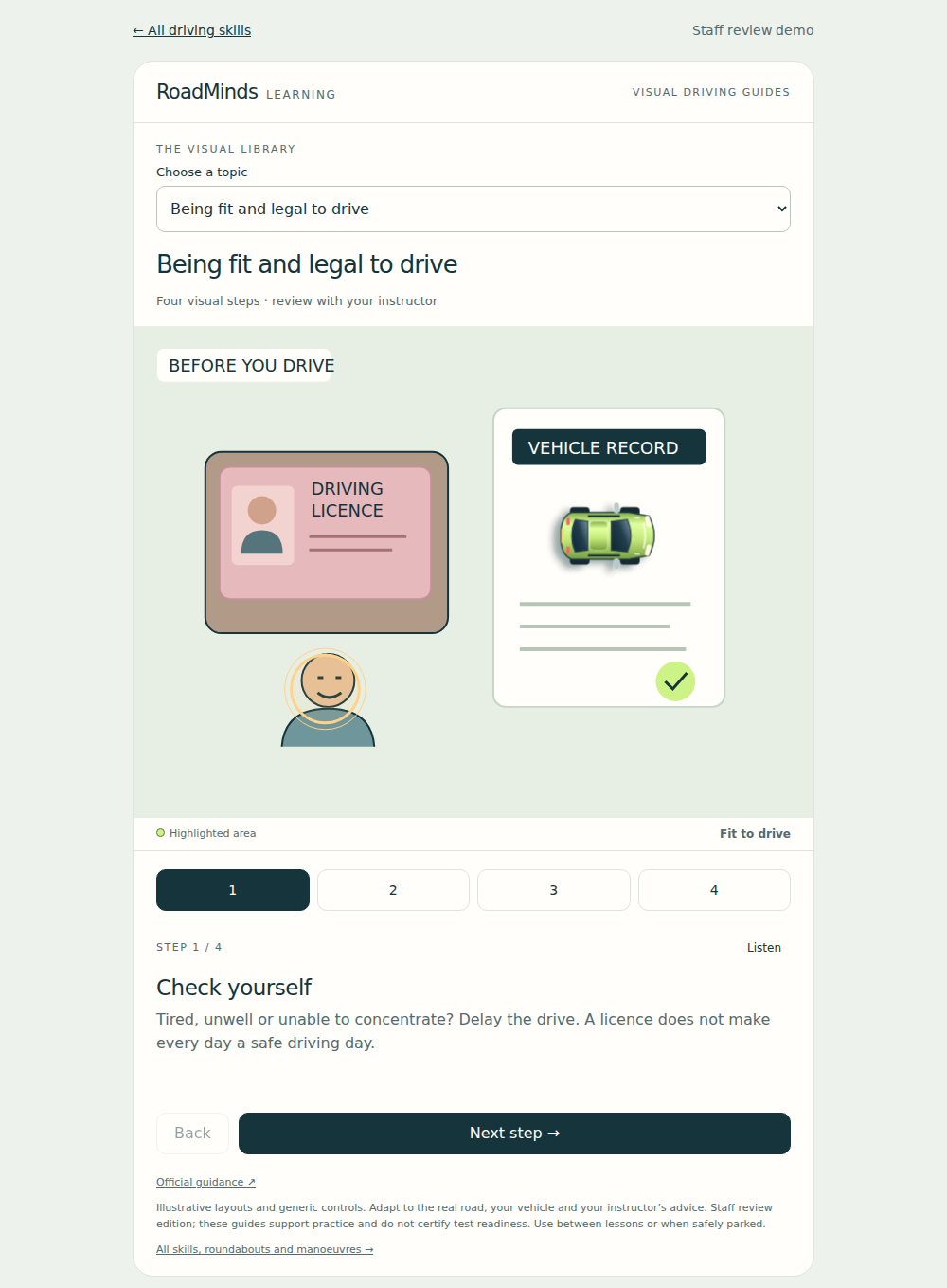 Road Minds visual library with a topic selector and illustrated lesson steps