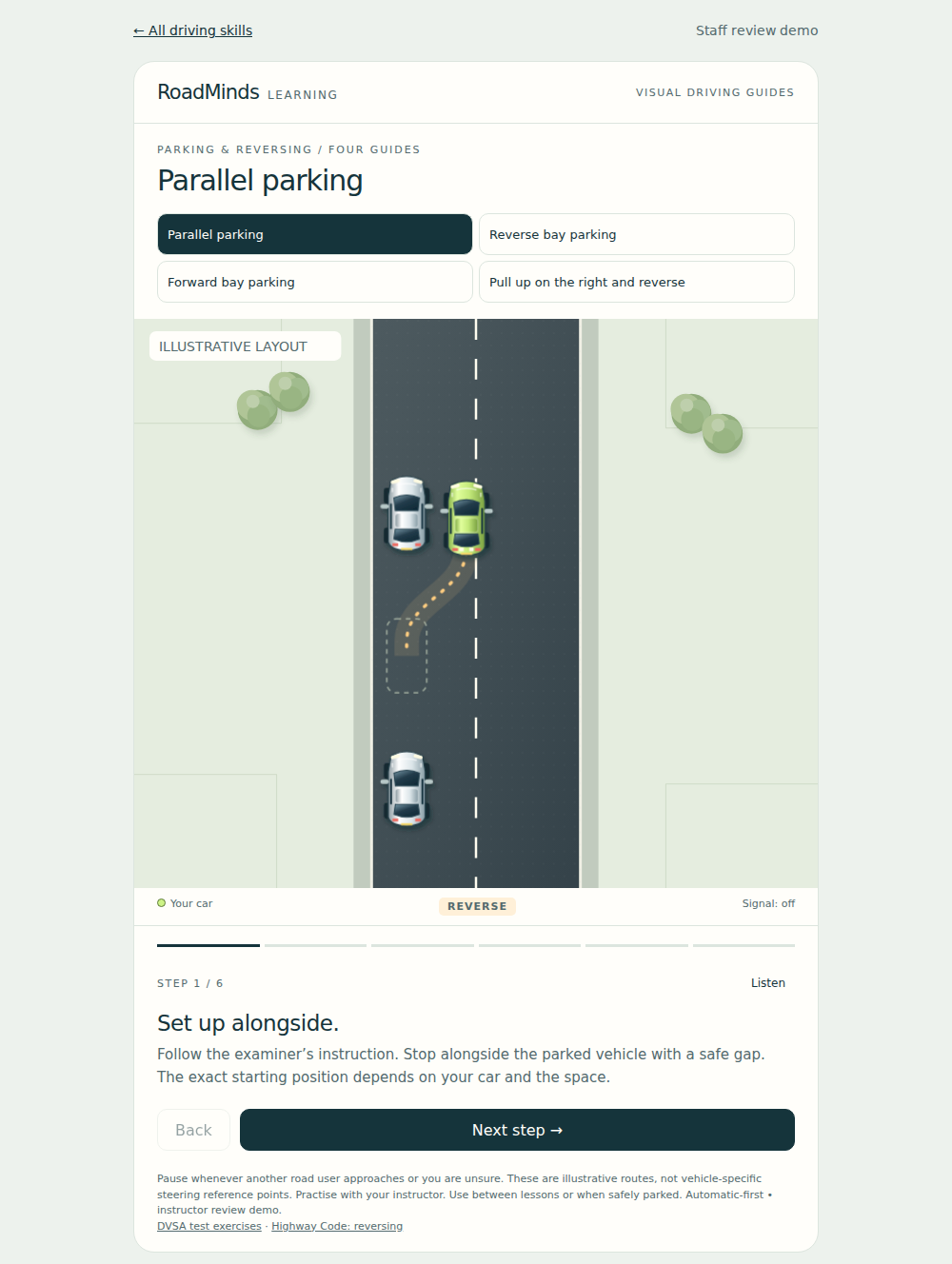 Road Minds manoeuvre guide with a visual demonstration and controls